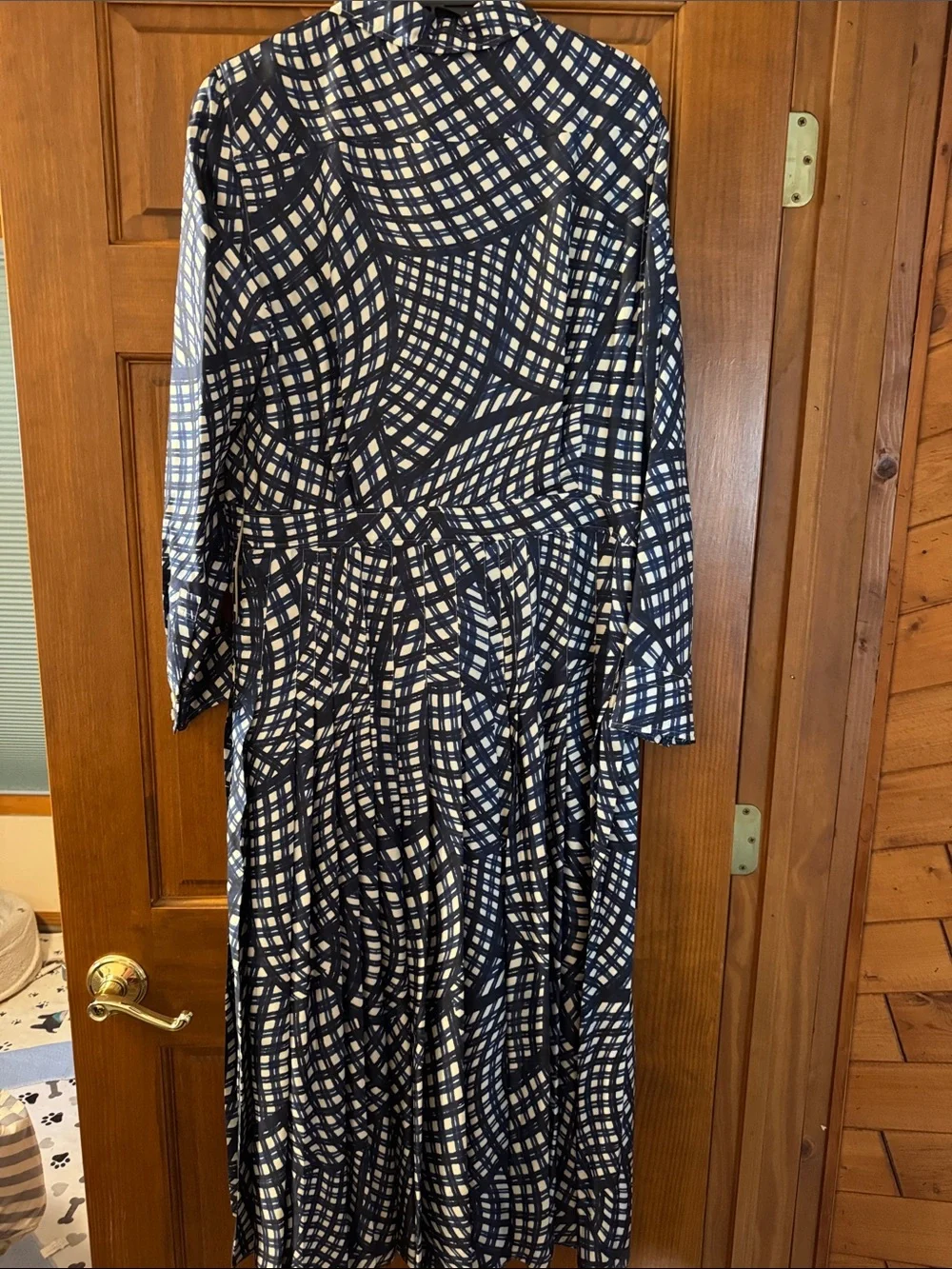 Tory Burch Navy Warped Gingham and White Long Sleeve Shirt Dress NWT